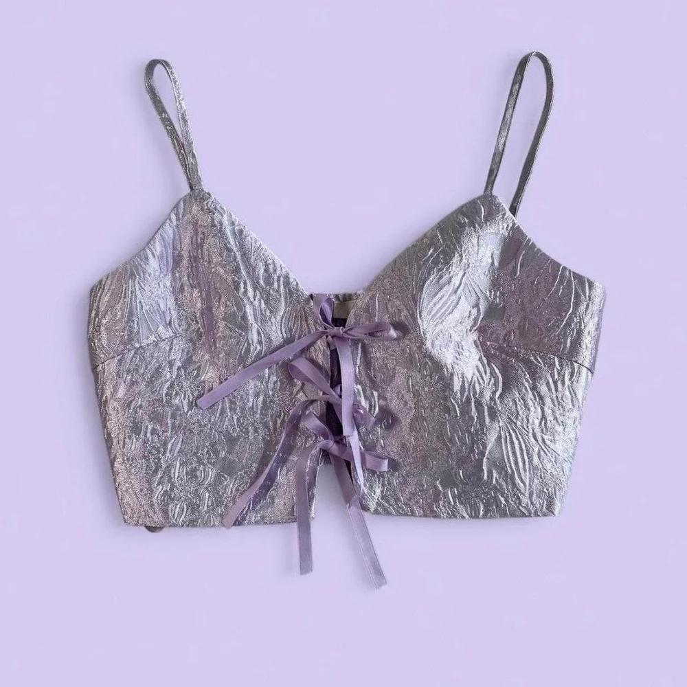 Mable Purple Metallic Lace Up Cami Crop Top Fairycore Y2K Women's Small Party - Picture 2 of 8